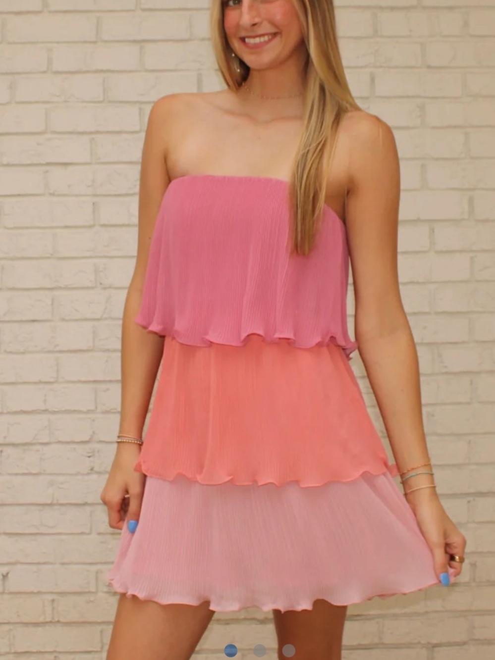 Strapless Tiered Chiffon Mini Dress in Pink and Coral